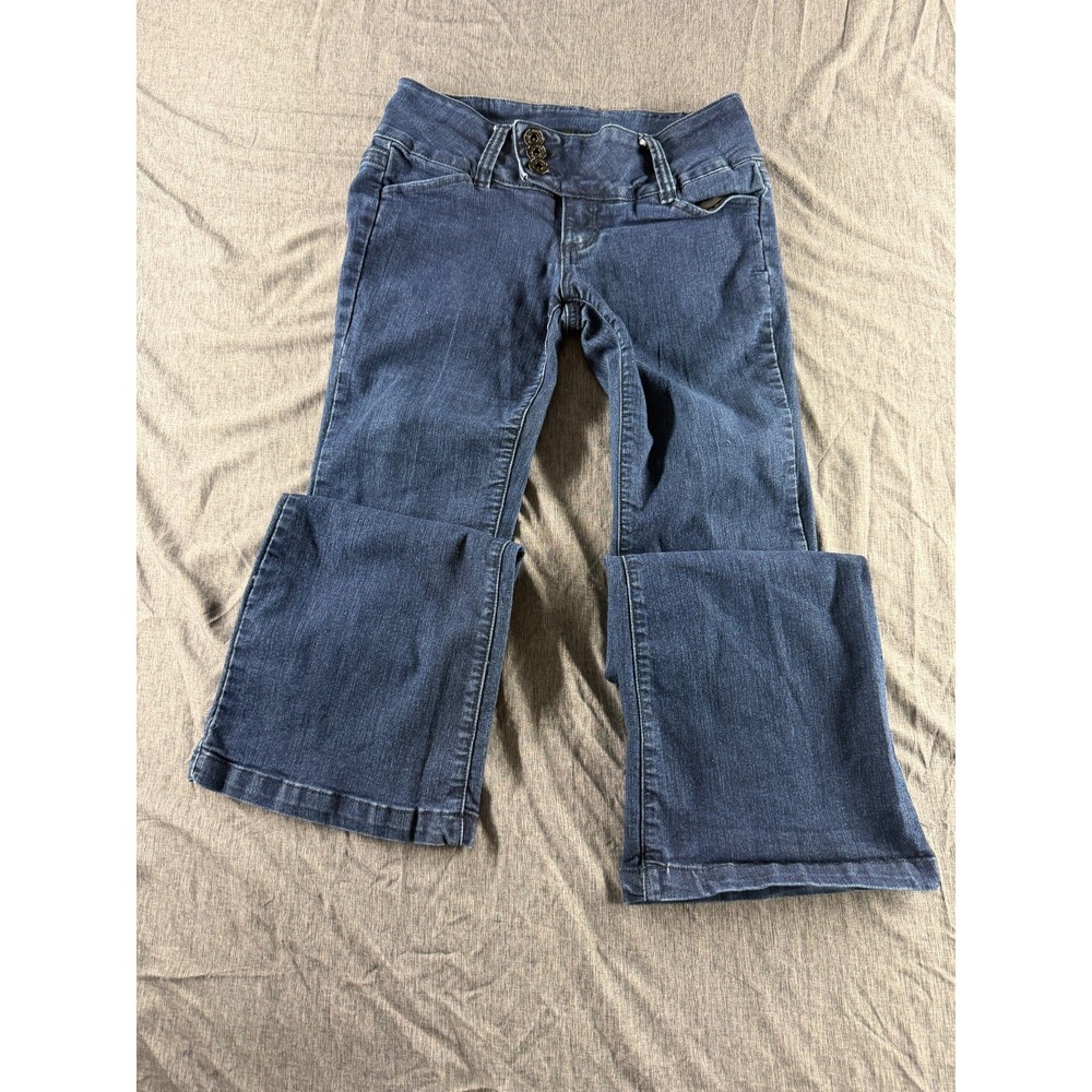 YMI Jeanswear Womens Flare Jeans Size 5 Blue Stretch Denim 3 Button Wide Leg